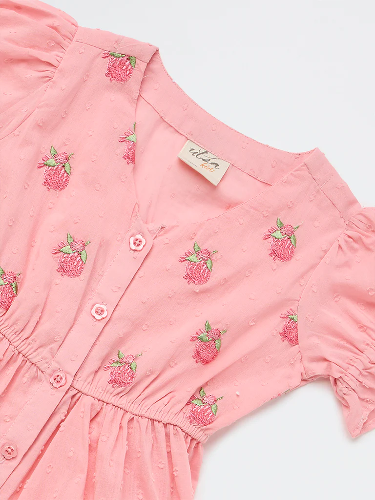 Utsa Kids Girls Pink Embroidered Cotton-Blend Tiered Dress - (2-8 yrs) - Image 5