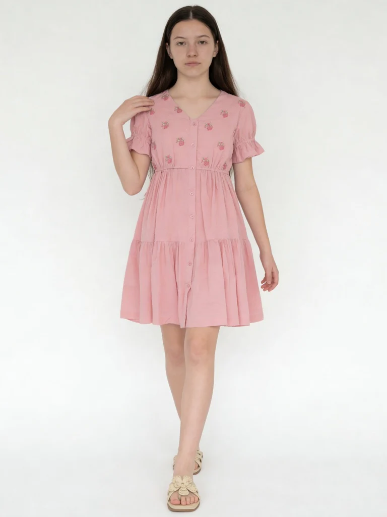 Utsa Kids Girls Pink Embroidered Cotton-Blend Tiered Dress - ( 8-14 yrs)