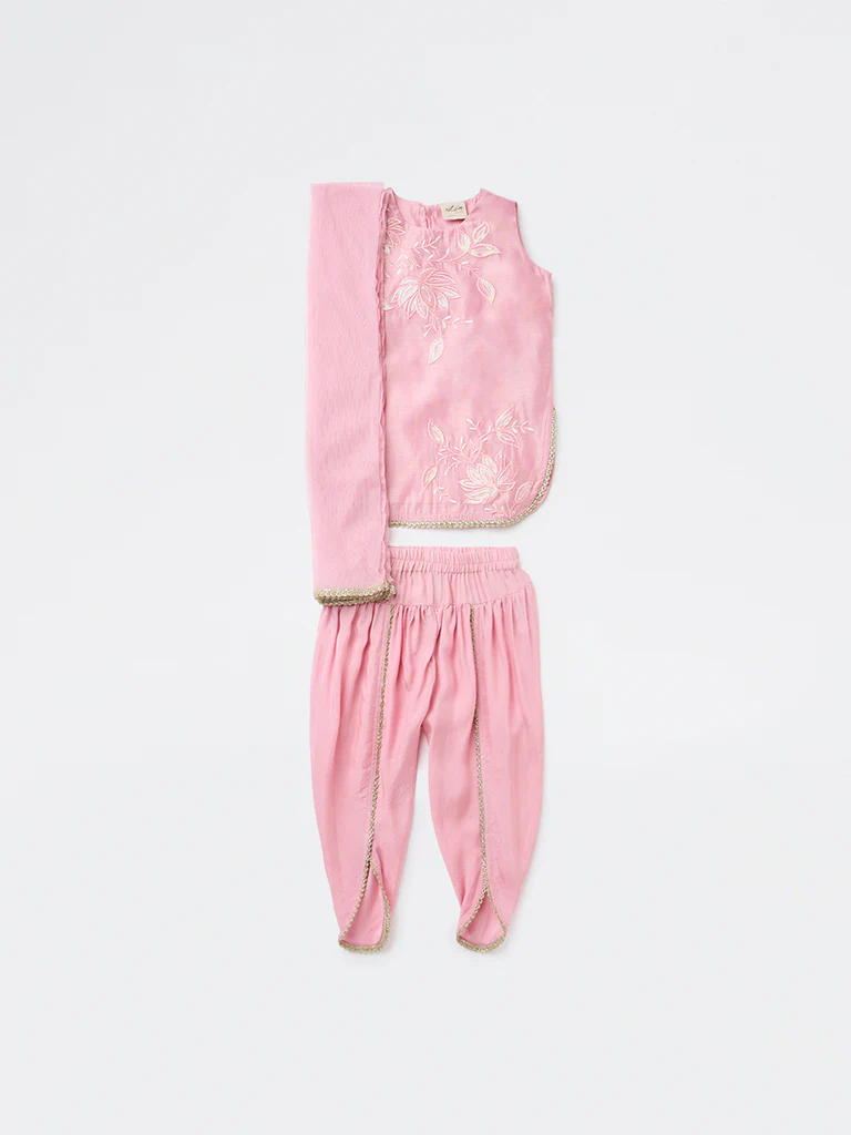 Utsa Kids Girls Pink Embroidered Top Dhoti Pants and Dupatta Set - (2-8 yrs)