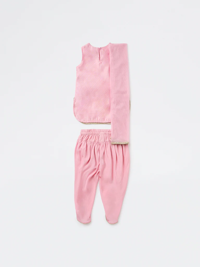 Utsa Kids Girls Pink Embroidered Top Dhoti Pants and Dupatta Set - (2-8 yrs) - Image 2
