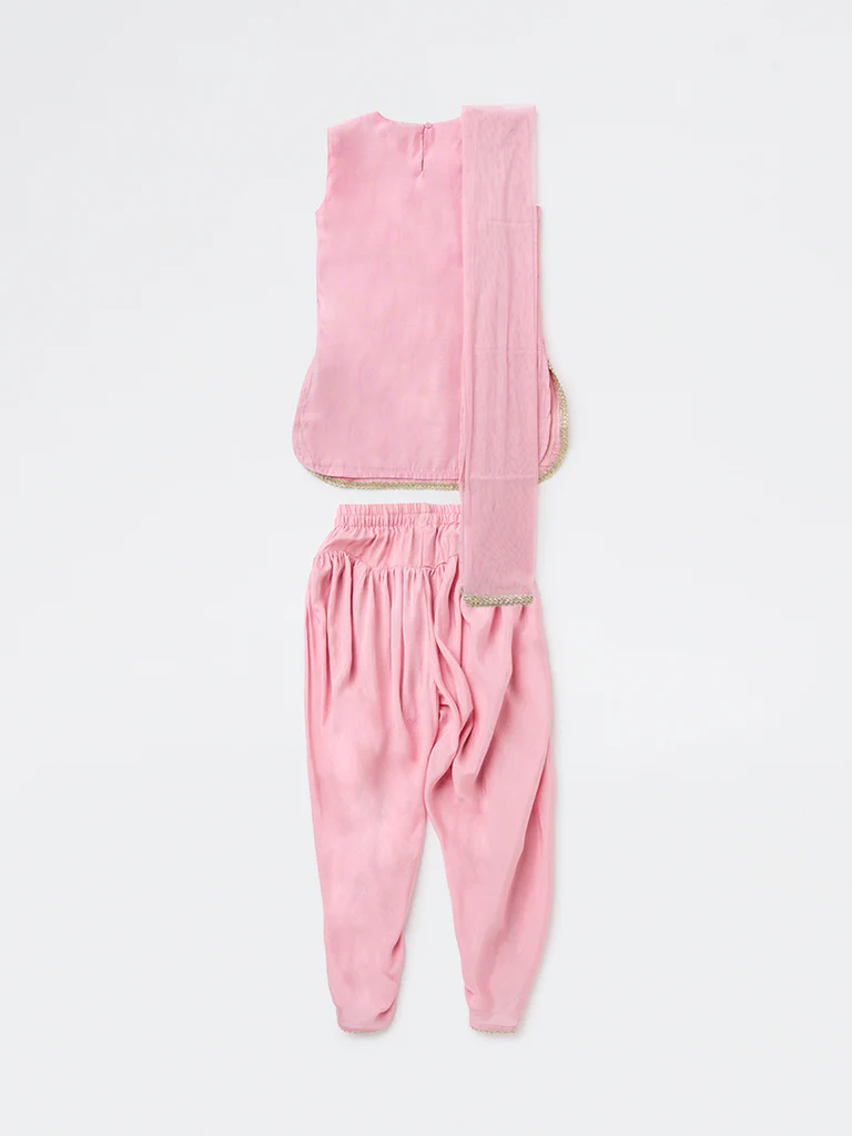 Utsa Kids Girls Pink Embroidered Top Dhoti Pants and Dupatta Set - (8-14 yrs) - Image 2