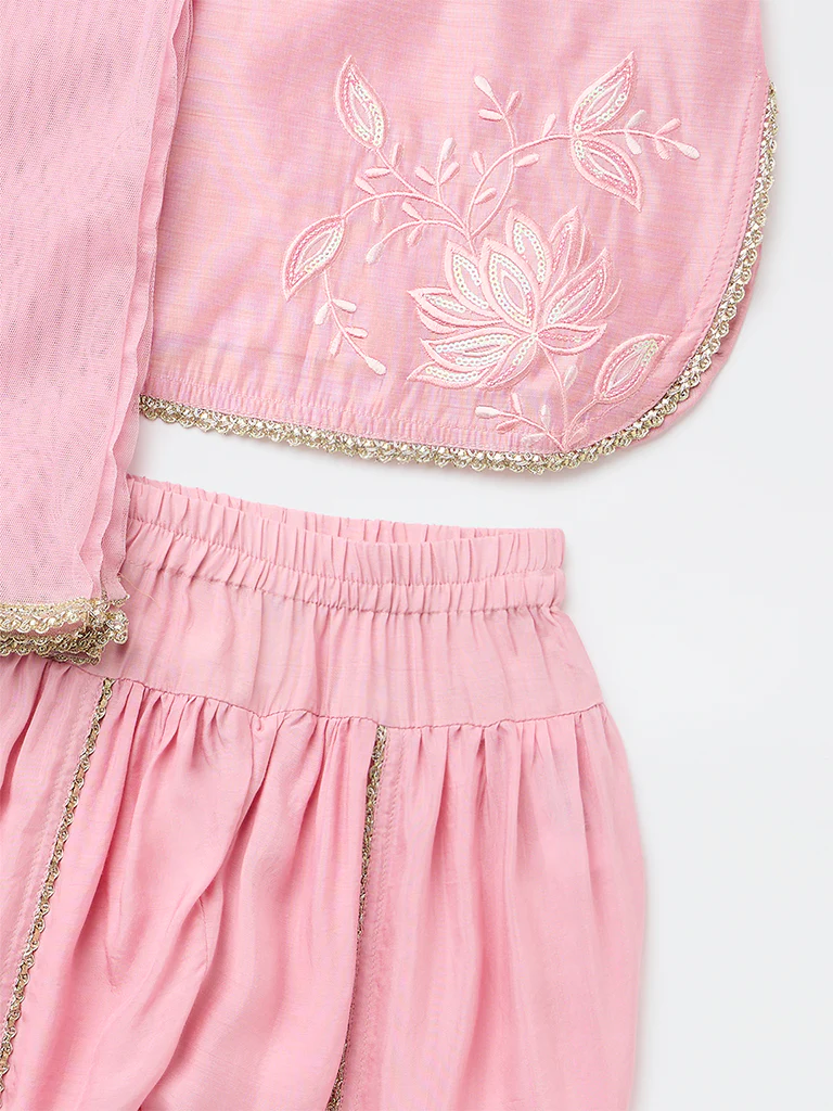 Utsa Kids Girls Pink Embroidered Top Dhoti Pants and Dupatta Set - (8-14 yrs) - Image 3