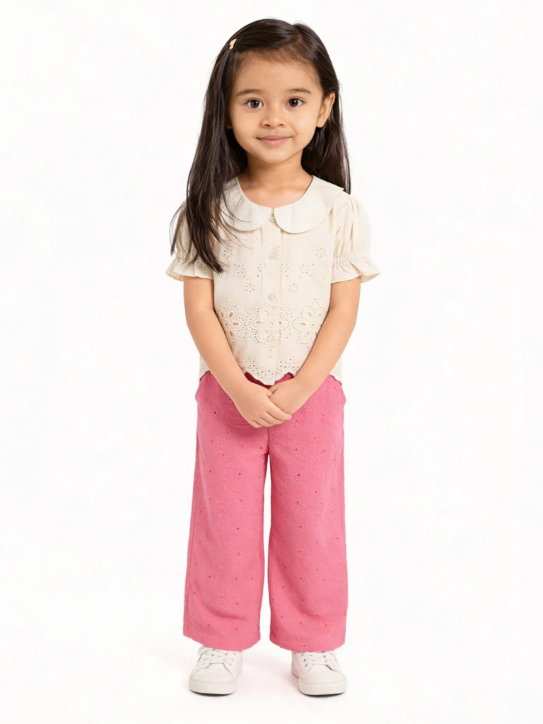Utsa Kids Girls Pink Floral Embroidered Cotton Pants - (2-8 yrs)
