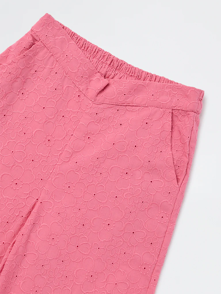 Utsa Kids Girls Pink Floral Embroidered Cotton Pants- (8-14 yrs) - Image 3