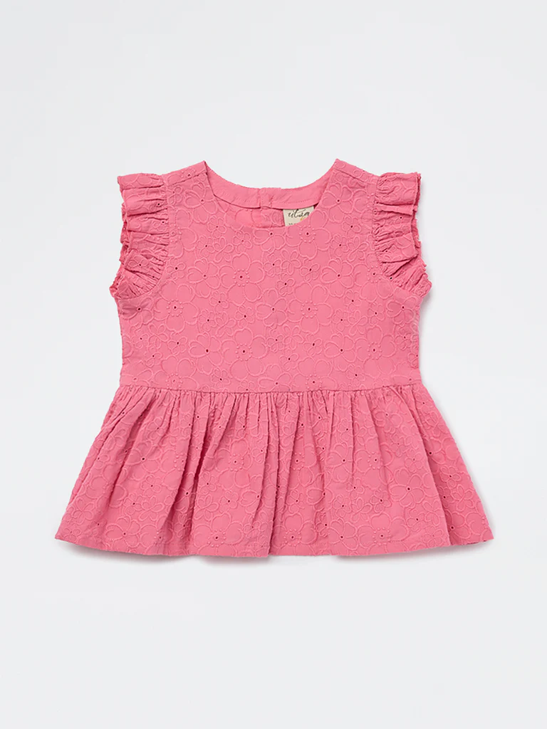 Utsa Kids Girls Pink Floral Embroidered Cotton Peplum Top - ( 2-8 yrs) - Image 3