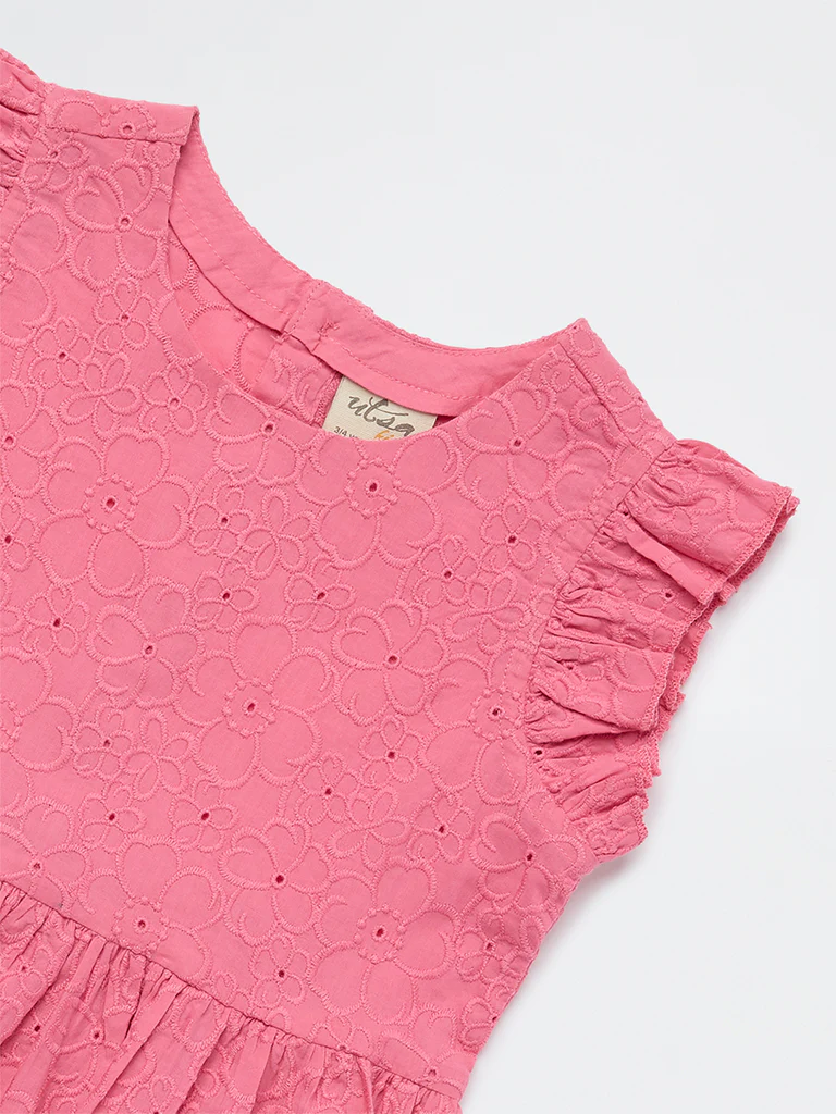 Utsa Kids Girls Pink Floral Embroidered Cotton Peplum Top - ( 2-8 yrs) - Image 5