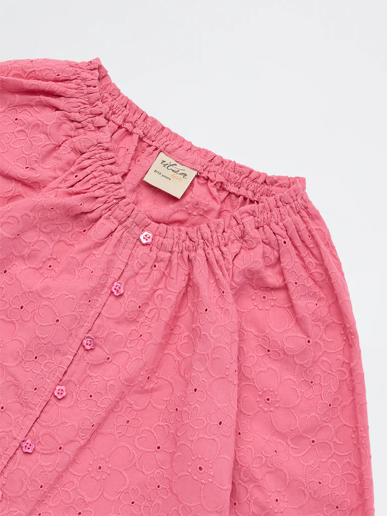 Utsa Kids Girls Pink Floral Embroidered Cotton Top - (8-14 yrs) - Image 3