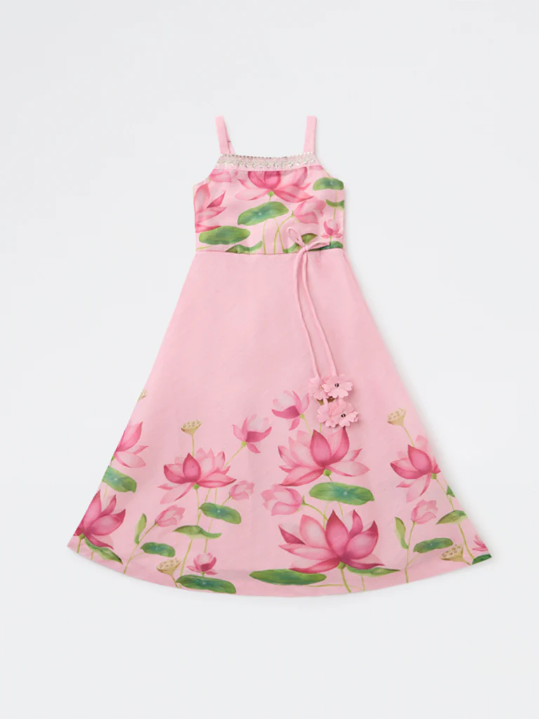 Utsa Kids Girls Pink Floral Printed A-Line Dress - (2-8 yrs) - Image 3