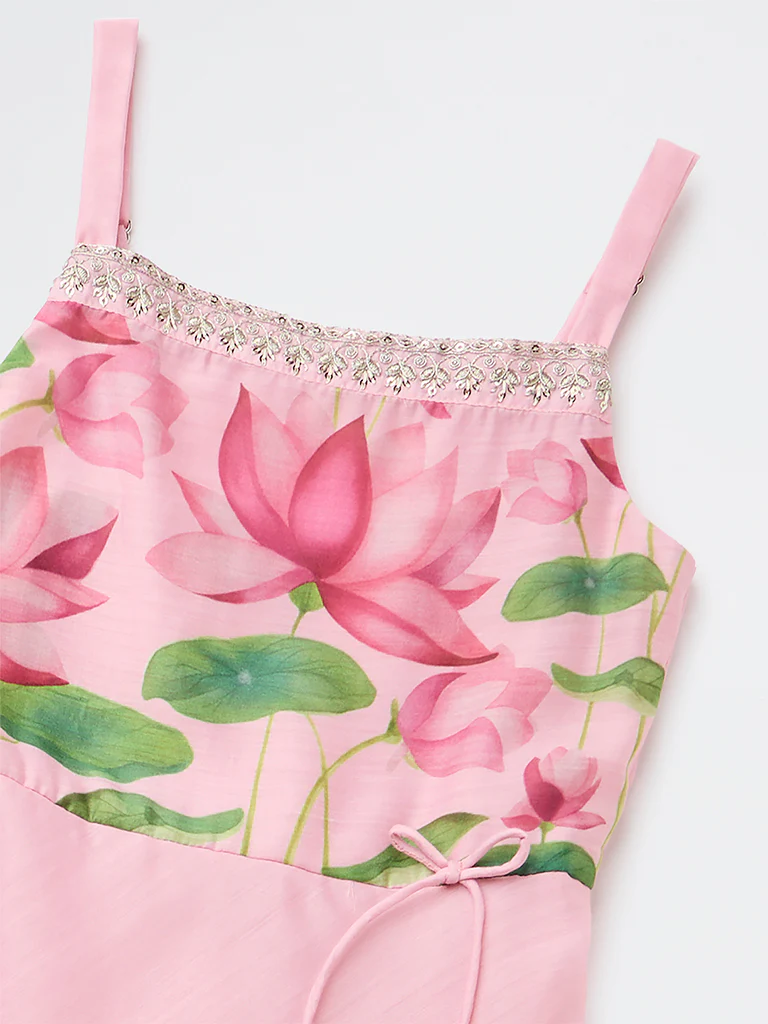Utsa Kids Girls Pink Floral Printed A-Line Dress - (8-14 yrs) - Image 3