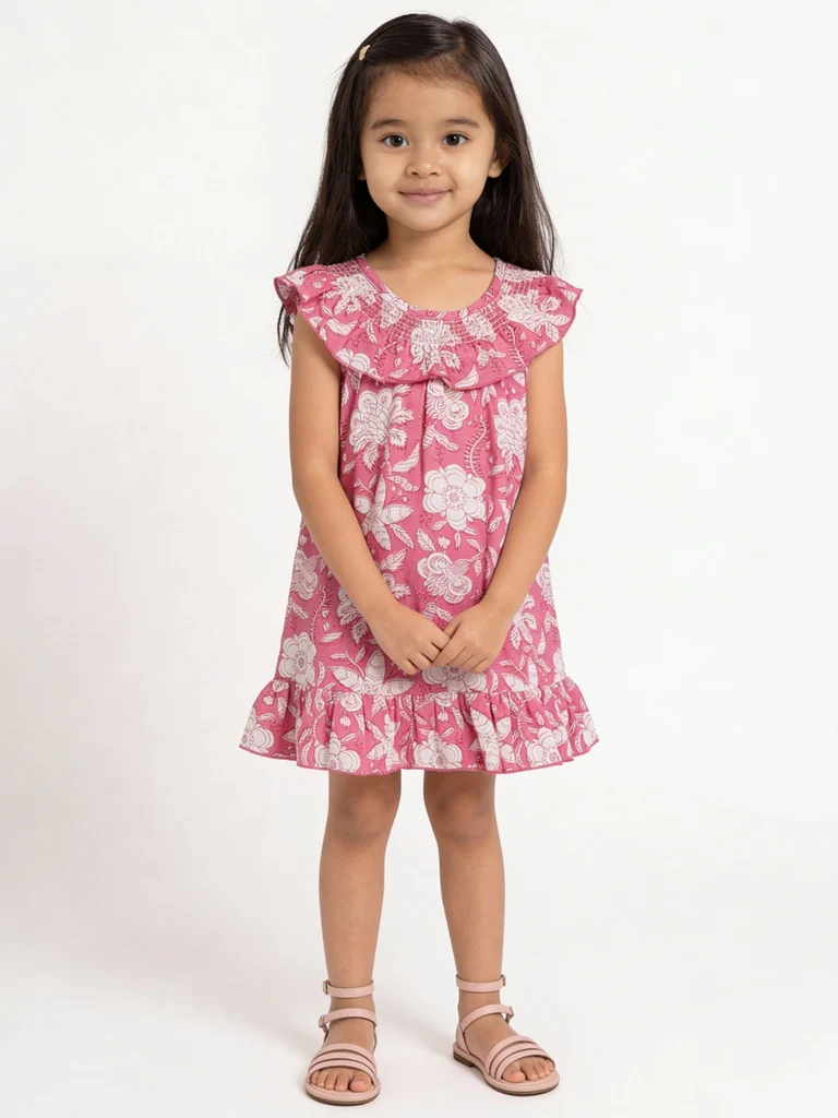 Utsa Kids Girls Pink Floral Printed Cotton Dress - (2-8 yrs)