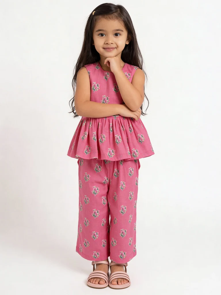 Utsa Kids Girls Pink Floral Printed Cotton Top - (2-8 yrs)