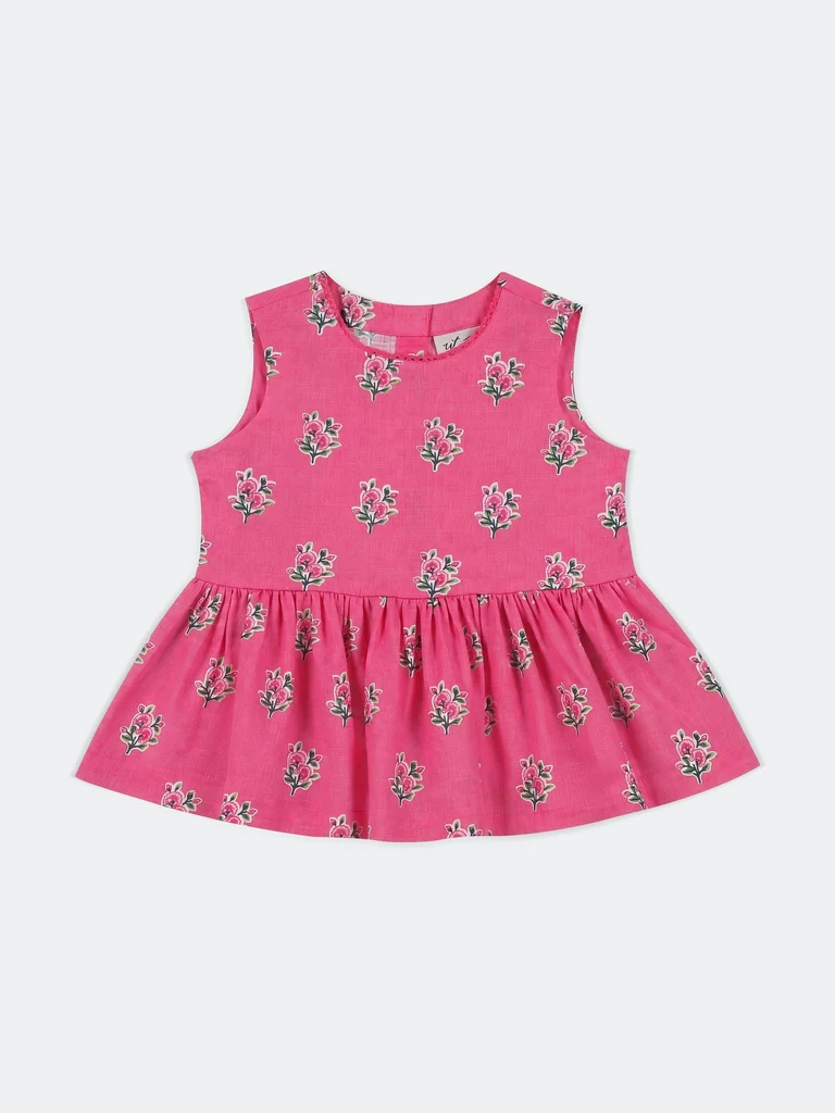 Utsa Kids Girls Pink Floral Printed Cotton Top - (2-8 yrs) - Image 3