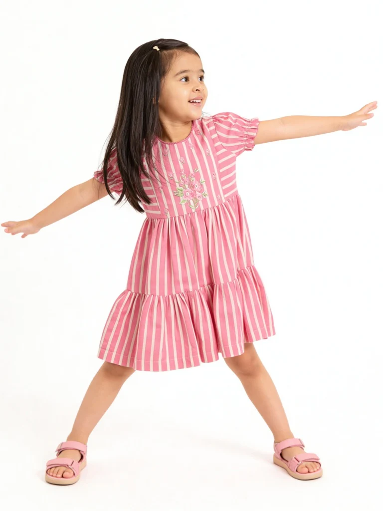 Utsa Kids Girls Pink Striped Tiered Cotton-Blend Dress - (2-8 yrs)