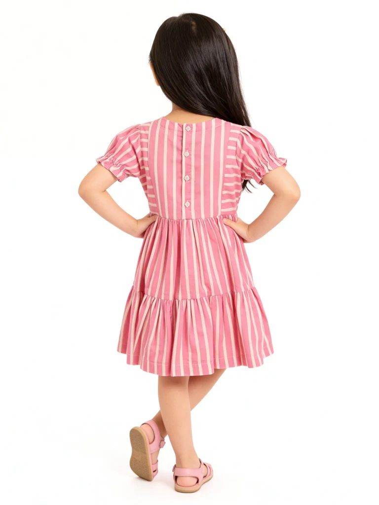 Utsa Kids Girls Pink Striped Tiered Cotton-Blend Dress - (2-8 yrs) - Image 2
