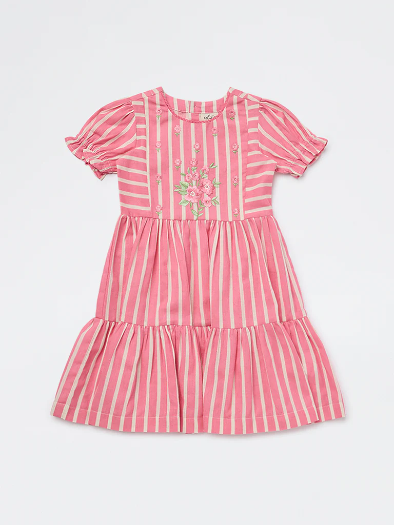 Utsa Kids Girls Pink Striped Tiered Cotton-Blend Dress - (2-8 yrs) - Image 3