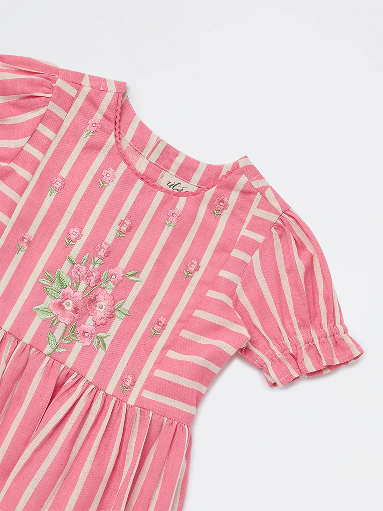 Utsa Kids Girls Pink Striped Tiered Cotton-Blend Dress - (2-8 yrs) - Image 5
