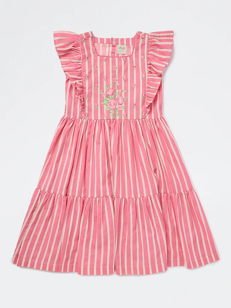 Utsa Kids Girls Pink Striped Tiered Cotton-Blend Dress - (8-14 yrs)