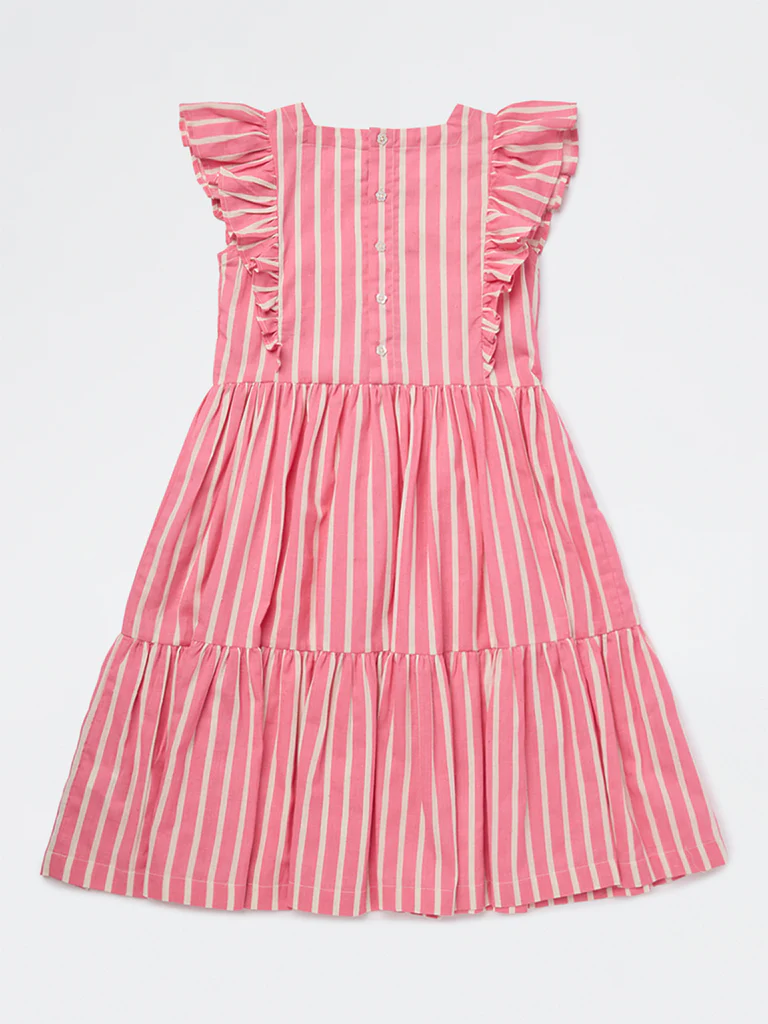 Utsa Kids Girls Pink Striped Tiered Cotton-Blend Dress - (8-14 yrs) - Image 2
