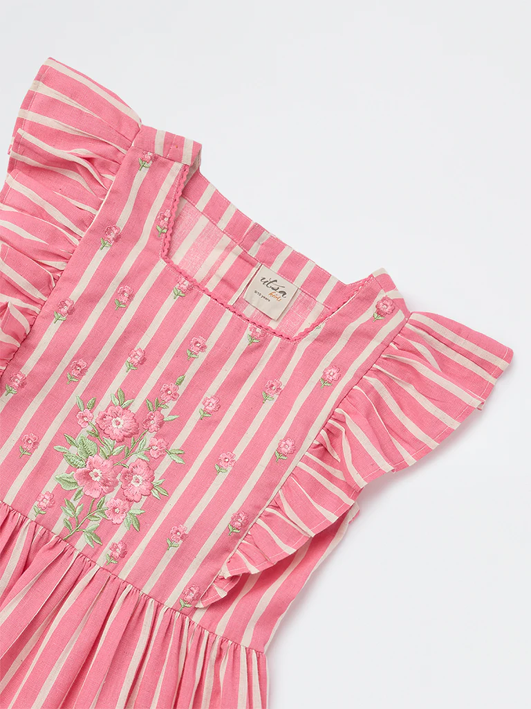Utsa Kids Girls Pink Striped Tiered Cotton-Blend Dress - (8-14 yrs) - Image 3