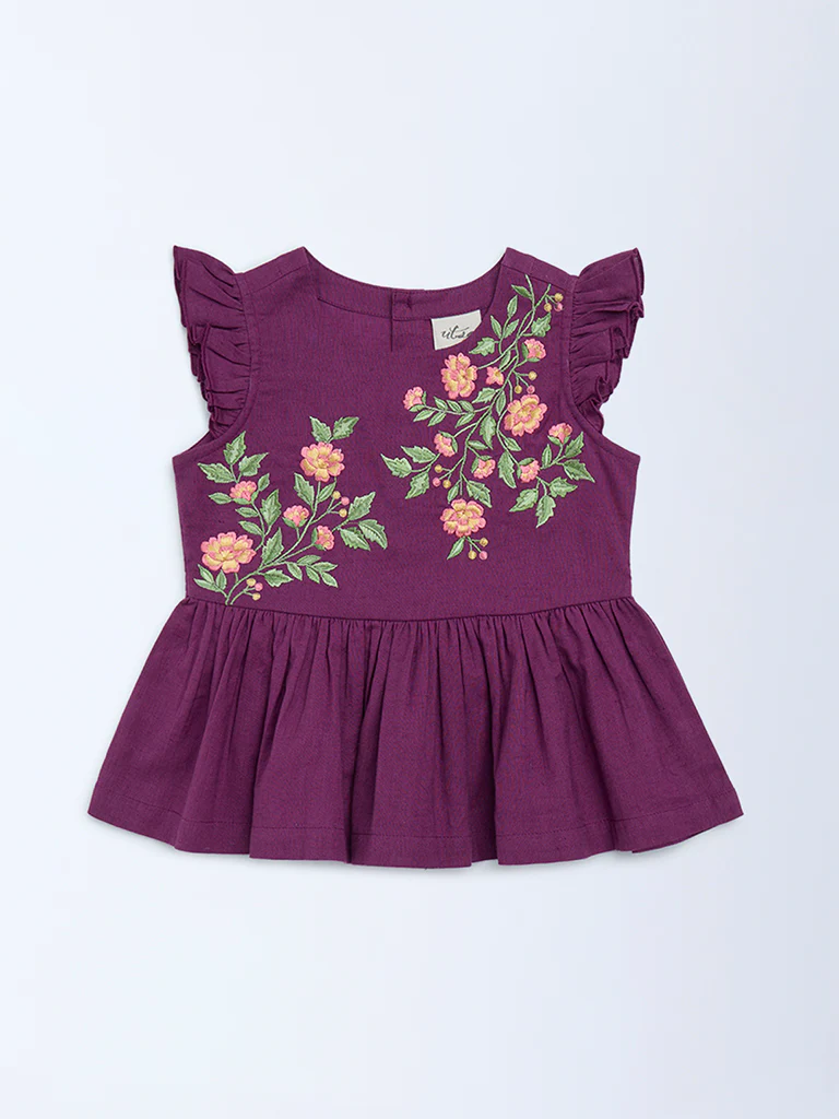 Utsa Kids Girls Purple Floral Embroidered Cotton-Blend Peplum Top (2-8 yrs)