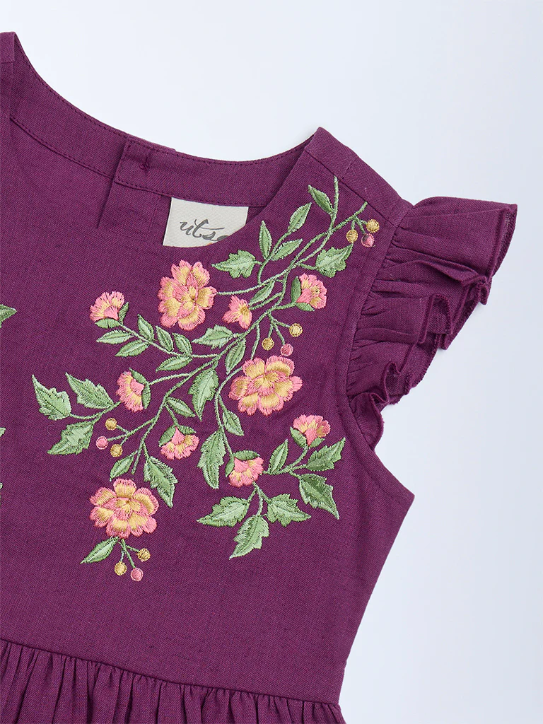 Utsa Kids Girls Purple Floral Embroidered Cotton-Blend Peplum Top (2-8 yrs) - Image 3