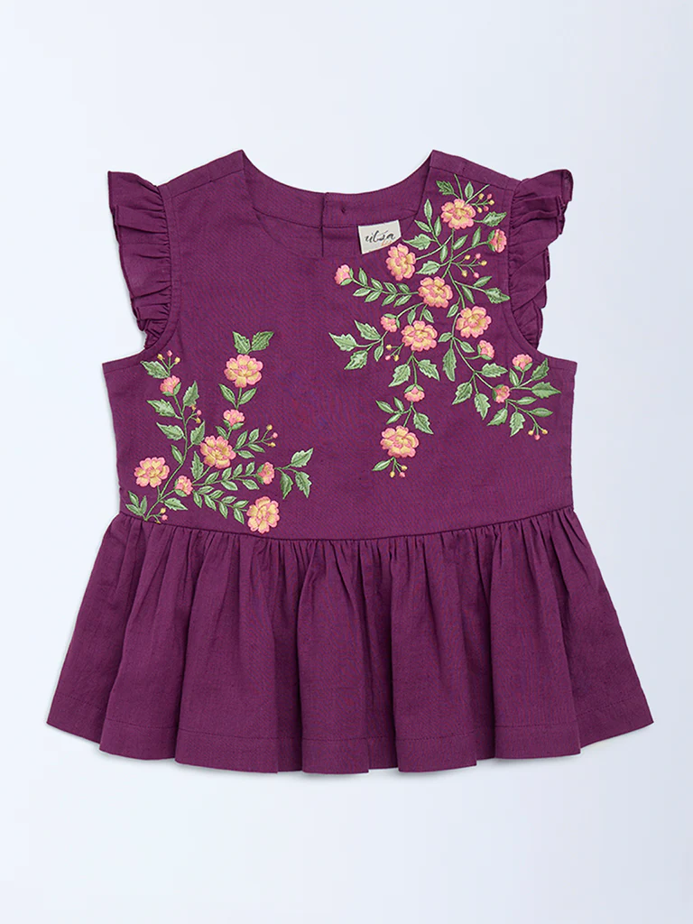 Utsa Kids Girls Purple Floral Embroidered Cotton-Blend Peplum Top (8-14 yrs)