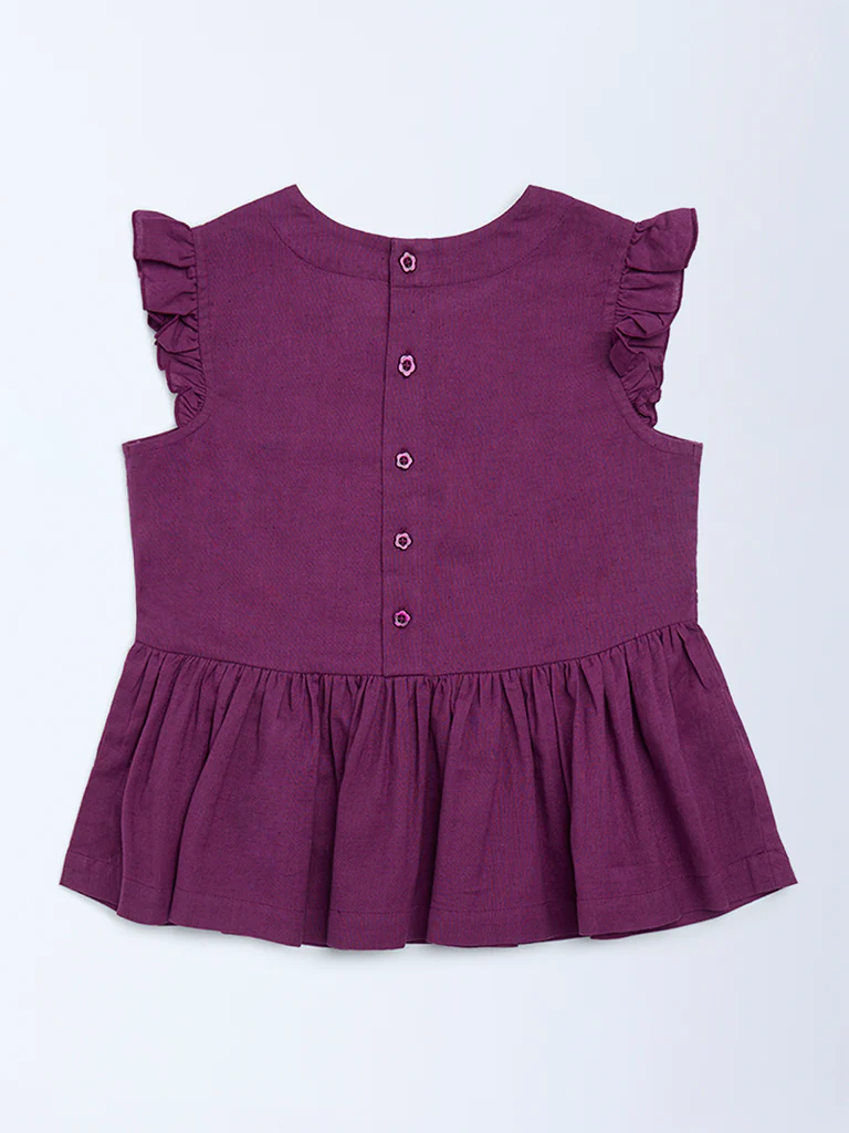 Utsa Kids Girls Purple Floral Embroidered Cotton-Blend Peplum Top (8-14 yrs) - Image 2