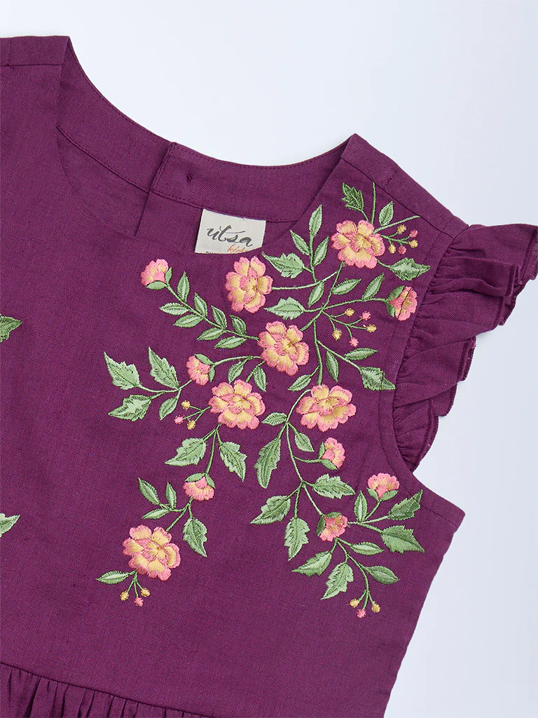 Utsa Kids Girls Purple Floral Embroidered Cotton-Blend Peplum Top (8-14 yrs) - Image 3