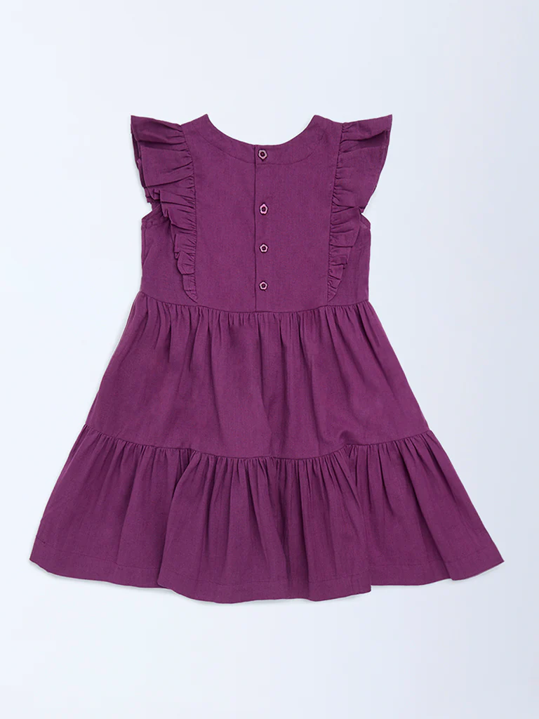 Utsa Kids Girls Purple Floral Embroidered Tiered Cotton-Blend Dress - (2-8 yrs) - Image 2