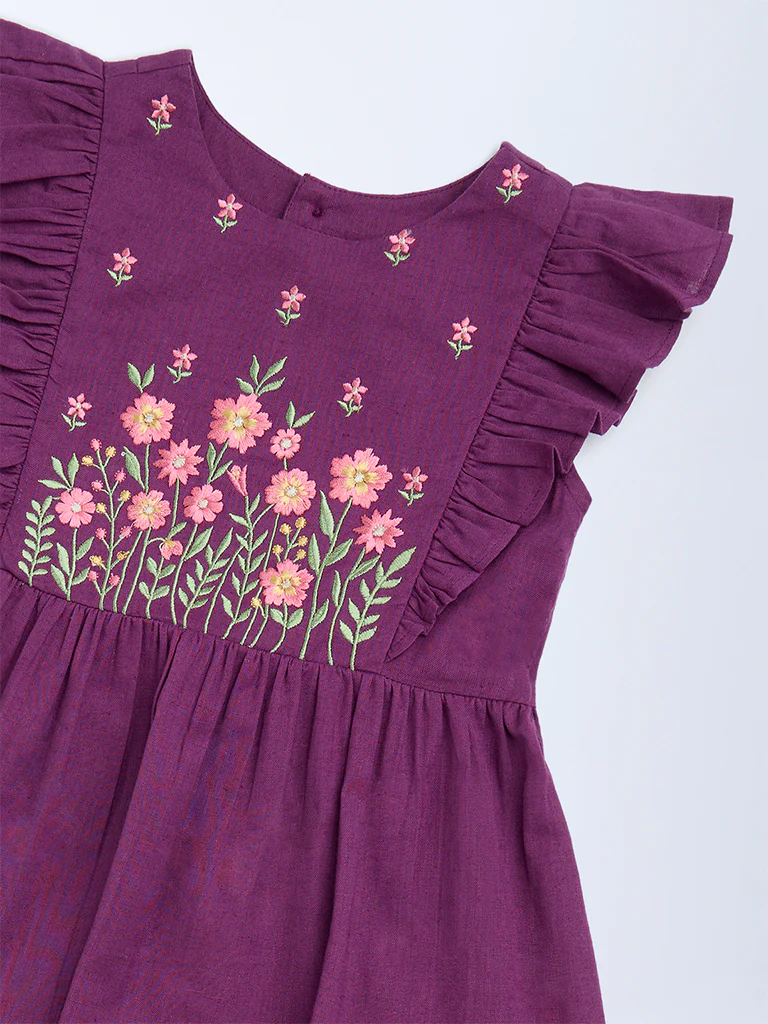 Utsa Kids Girls Purple Floral Embroidered Tiered Cotton-Blend Dress - (2-8 yrs) - Image 3