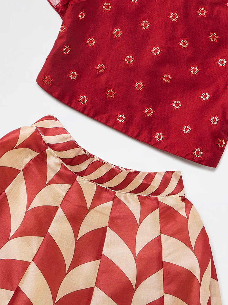 Utsa Kids Girls Red Embroidered Ethnic Set - (2-8 yrs) - Image 3