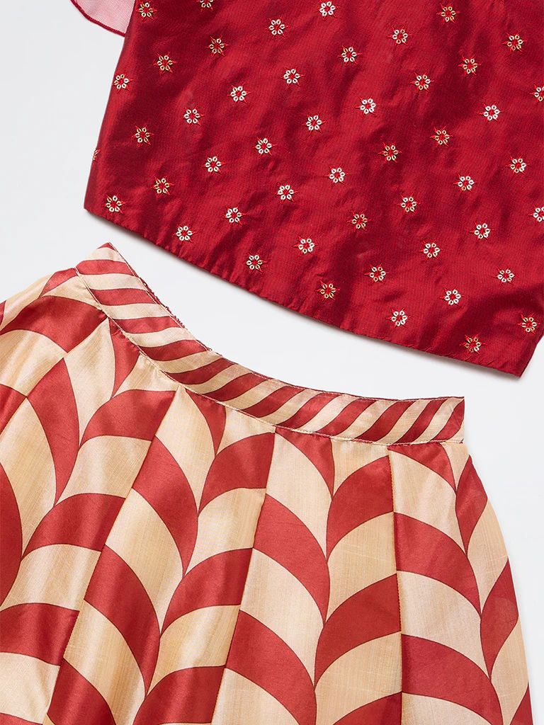 Utsa Kids Girls Red Embroidered Ethnic Set - (8-14 yrs) - Image 3