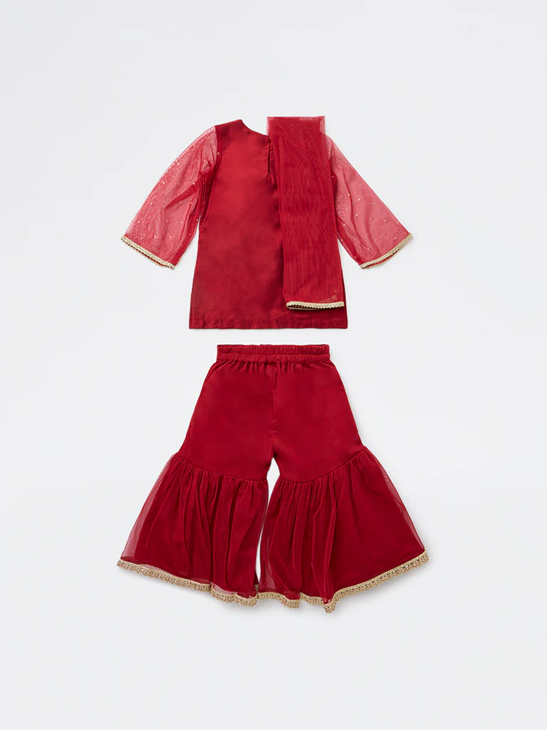 Utsa Kids Girls Red Embroidered Shara Ethnic Set - (2-8 yrs) - Image 4