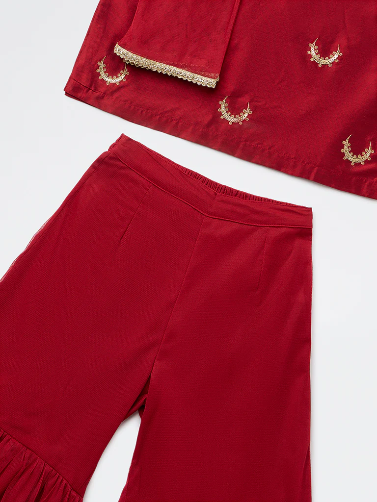 Utsa Kids Girls Red Embroidered Shara Ethnic Set - (8-14 yrs) - Image 3