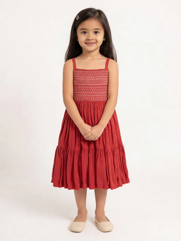 Utsa Kids Girls Red Embroidered Tiered Dress - (2-8 yrs)