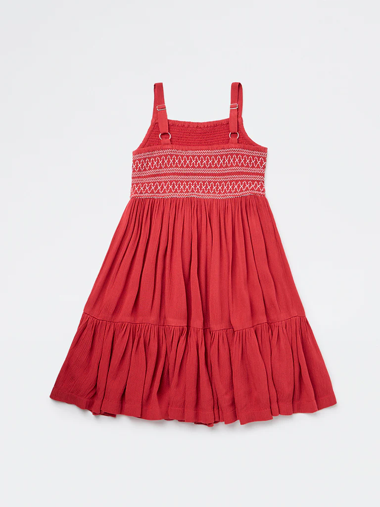 Utsa Kids Girls Red Embroidered Tiered Dress - (2-8 yrs) - Image 4