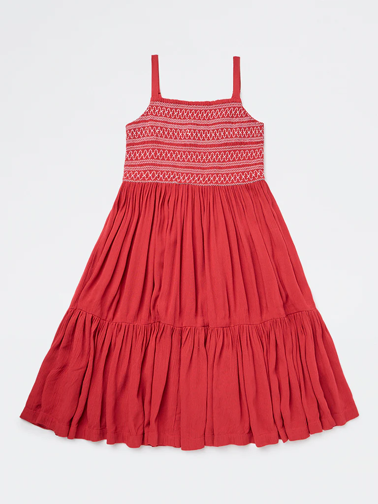 Utsa Kids Girls Red Embroidered Tiered Dress - (8-14 yrs)