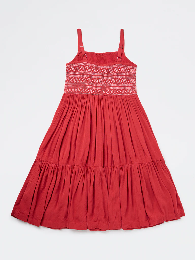 Utsa Kids Girls Red Embroidered Tiered Dress - (8-14 yrs) - Image 2