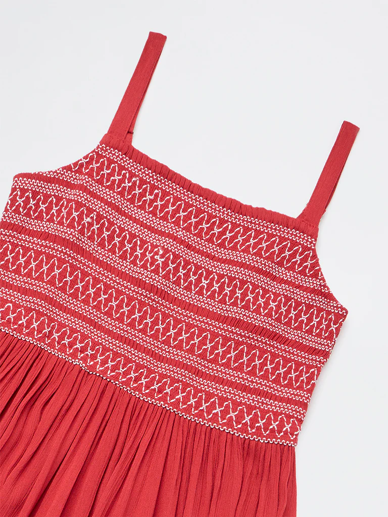 Utsa Kids Girls Red Embroidered Tiered Dress - (8-14 yrs) - Image 3