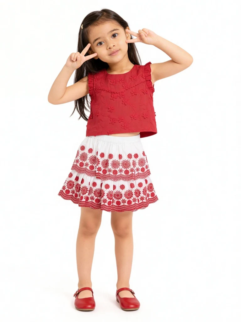 Utsa Kids Girls Red Floral Embroidered Cotton Top - (2-8 yrs)
