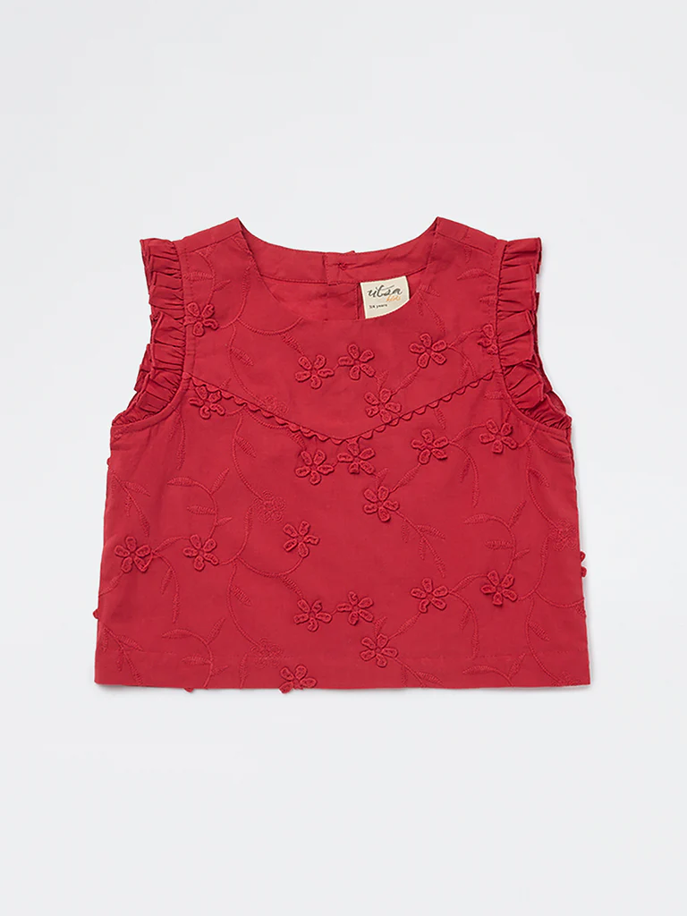 Utsa Kids Girls Red Floral Embroidered Cotton Top - (2-8 yrs) - Image 3