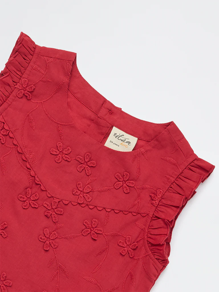 Utsa Kids Girls Red Floral Embroidered Cotton Top - (2-8 yrs) - Image 5