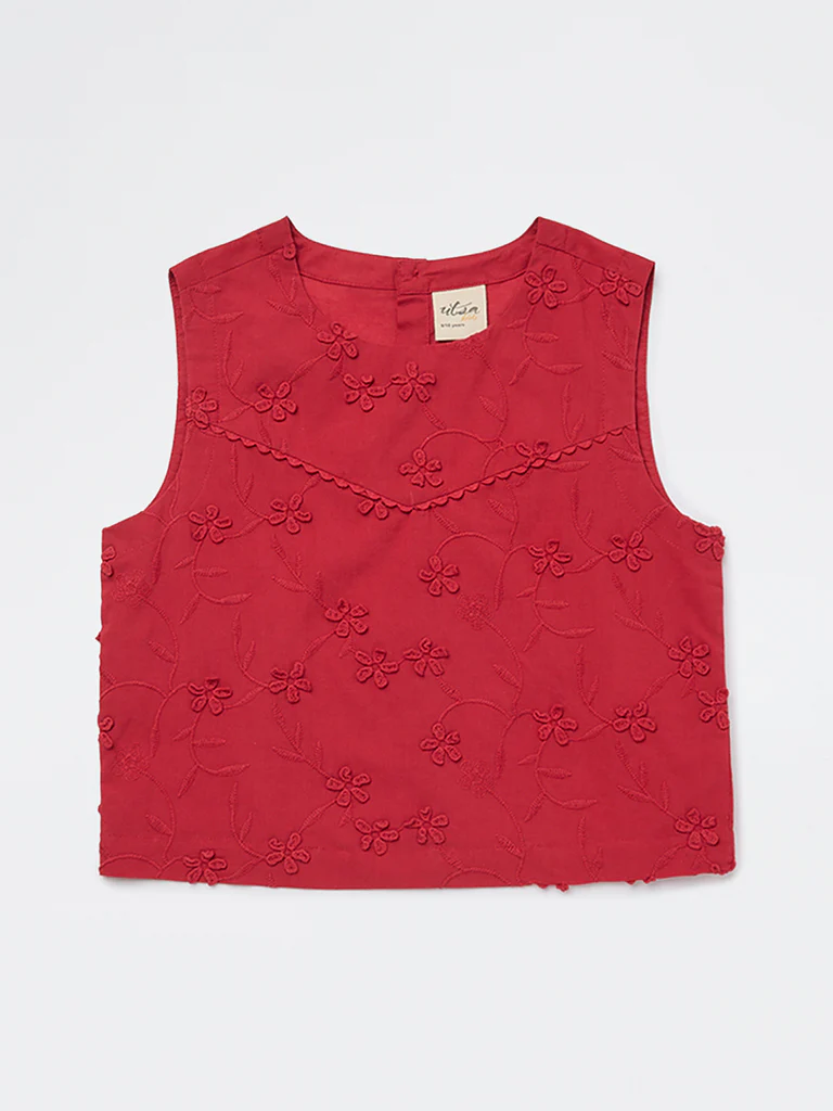 Utsa Kids Girls Red Floral Embroidered Cotton Top - (8-14 yrs)