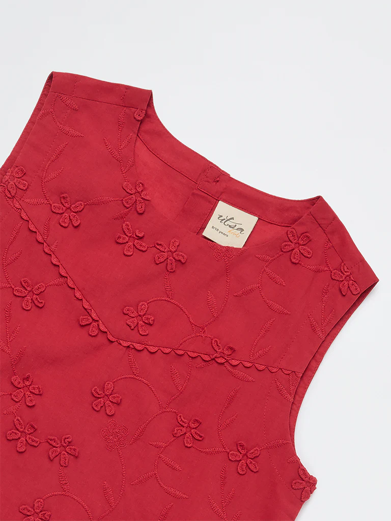 Utsa Kids Girls Red Floral Embroidered Cotton Top - (8-14 yrs) - Image 3
