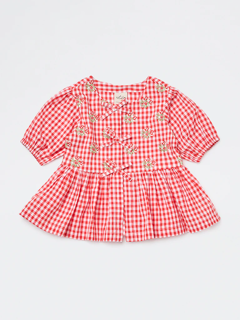 Utsa Kids Girls Red Gingham Check Cotton Peplum Top - (2-8 yrs) - Image 3