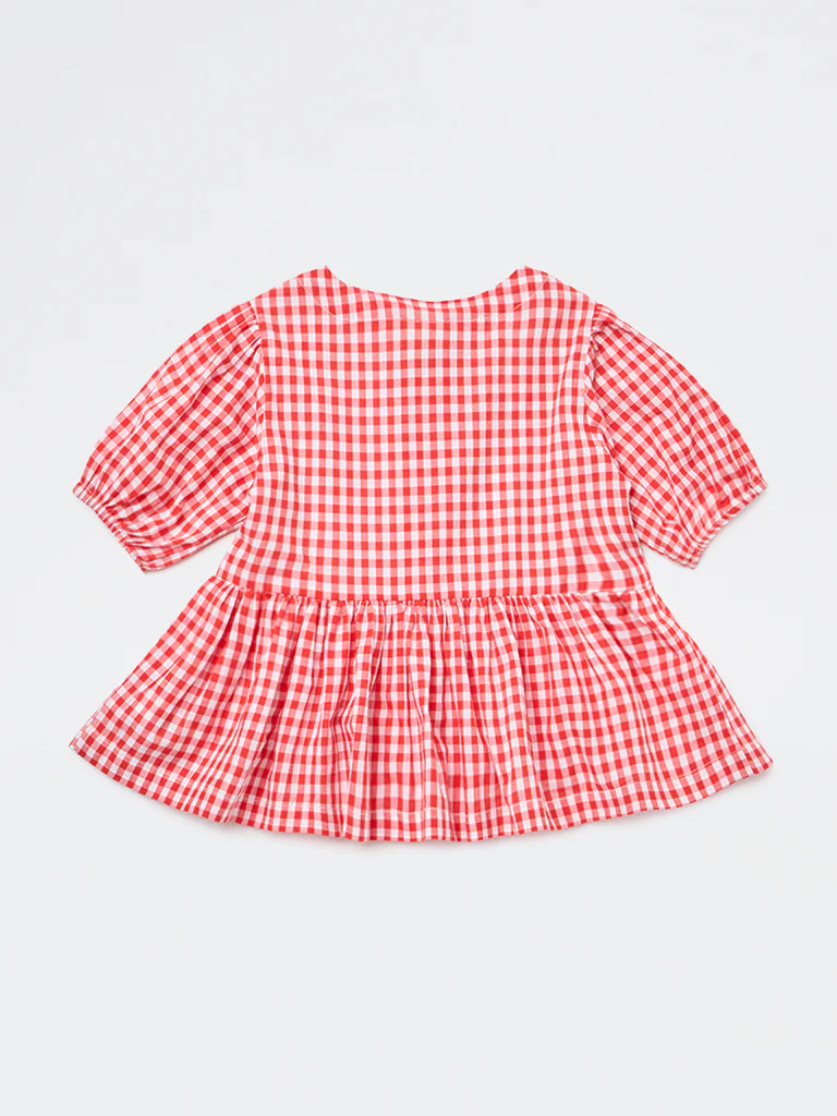 Utsa Kids Girls Red Gingham Check Cotton Peplum Top - (2-8 yrs) - Image 4