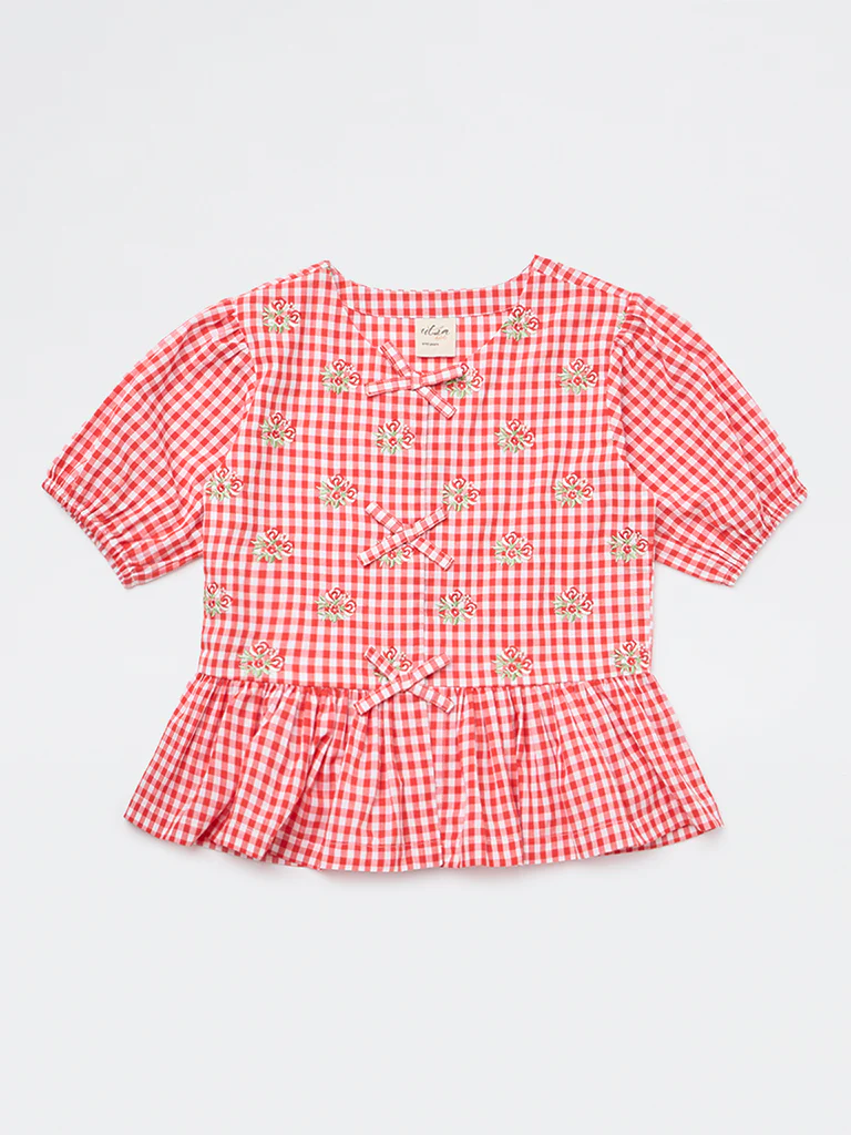 Utsa Kids Girls Red Gingham Check Cotton Peplum Top - (8-14 yrs)