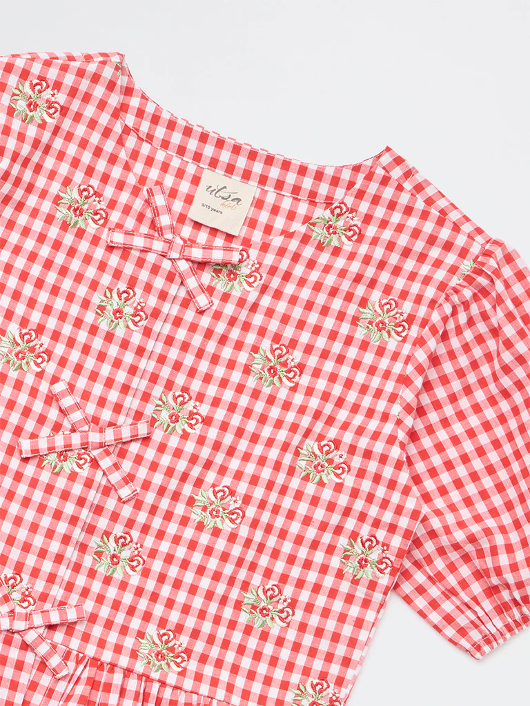 Utsa Kids Girls Red Gingham Check Cotton Peplum Top - (8-14 yrs) - Image 3