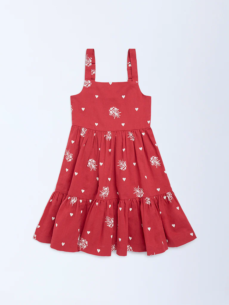 Utsa Kids Girls Red Printed A-Line Cotton-Blend Dress - (2-8 yrs)
