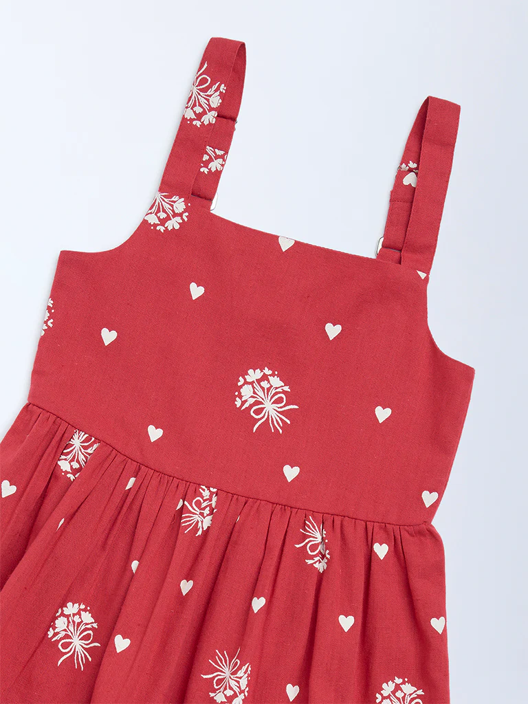 Utsa Kids Girls Red Printed A-Line Cotton-Blend Dress - (2-8 yrs) - Image 3